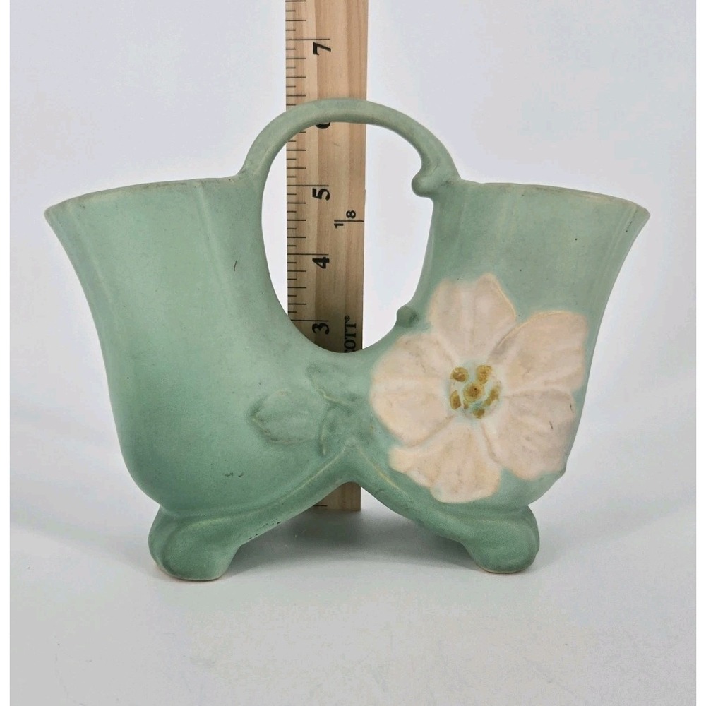 Vintage Weller Wild Rose Double Vase Matte Green Pink Floral Art Pottery 1930s - Picture 5 of 10